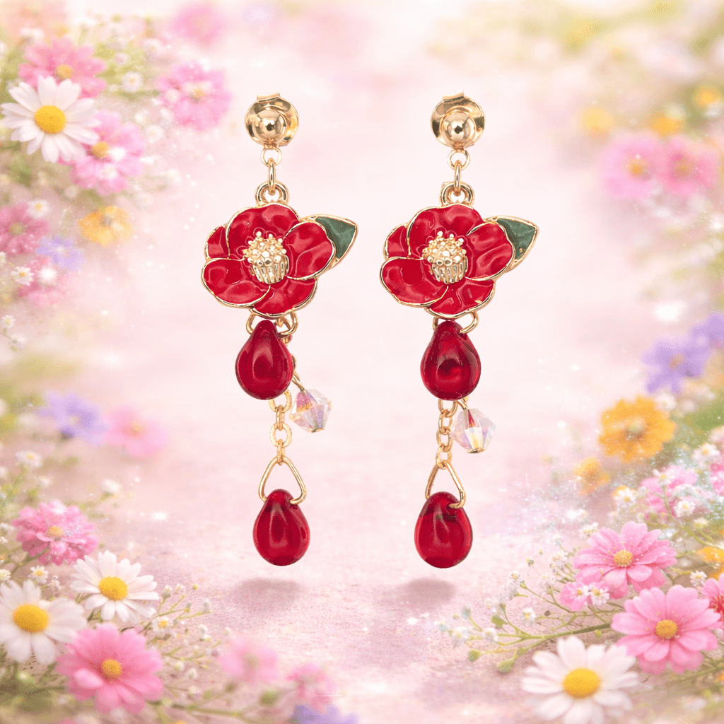 春霞に咲く椿の雫ピアス｜揺れる赤い花×ゴールド 大人可愛いフラワーアクセサリー1枚目の画像